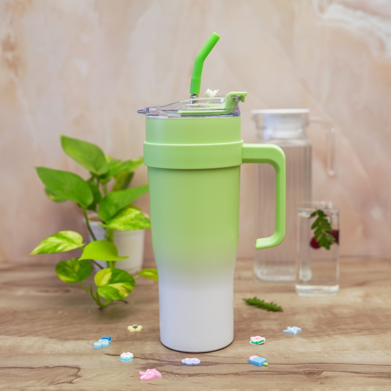 DSC08387-scaled-1.jpg Stainless Steel Insulated Tumbler Travel Mug Coffee Cup with Straw Lid & Handle, Large Water Jug Green - Image 1