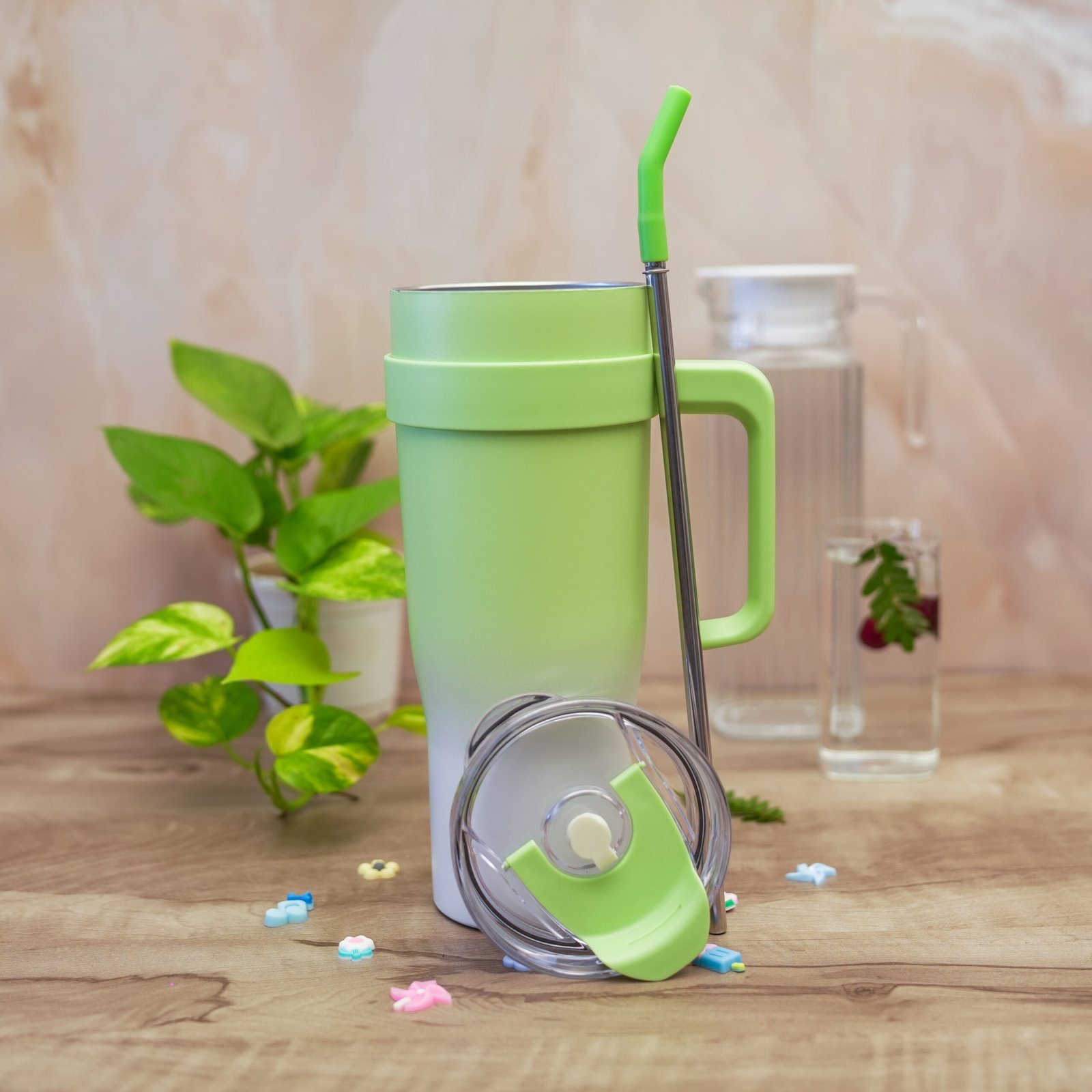 DSC08388-scaled-2.jpg Stainless Steel Insulated Tumbler Travel Mug Coffee Cup with Straw Lid & Handle, Large Water Jug Green - Image 2