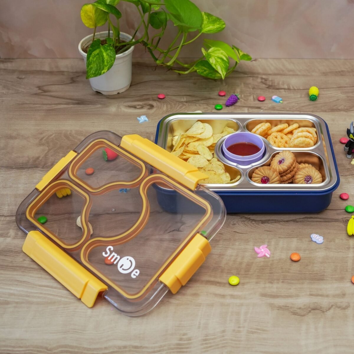 4 Compartments, Lunch Box with Spoon, Fork, Chopstick & One Small Container, Heating Water Insulation Design, Leakproof Lunch Box for School, Office (Capacity-950ml+70ml) - Image 2
