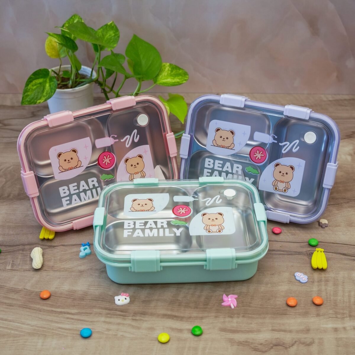 Bear Family Leak Proof Lunch box Stainless Steel Box with 1 Spoon & Chopstick 3 Containers Lunch Box  (750 ml, Thermoware) - Image 2
