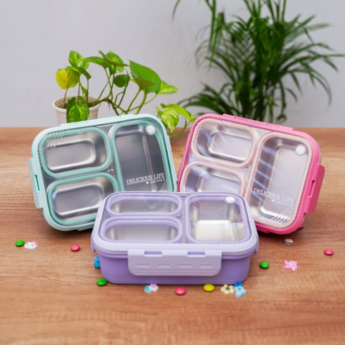 3 compartment Leak proof Steel Lunch Box -620ml - Image 1