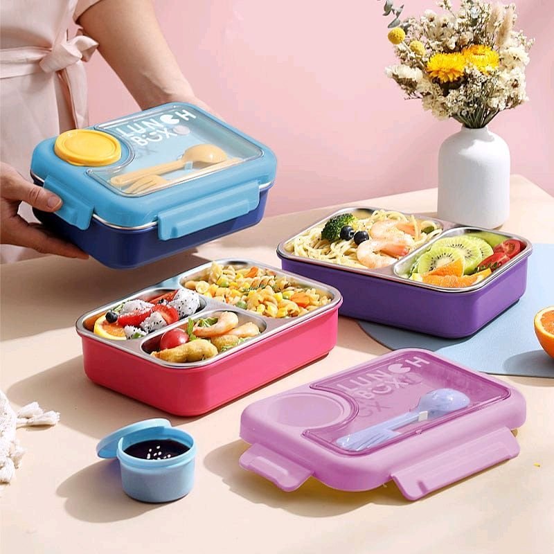 SKU-4526_1-1728111618809.jpg Leakproof Bento Box, Detachable Stainless Steel Tray for Warm Water Insulation 3 Containers Lunch Box  (750 ml) - Image 13