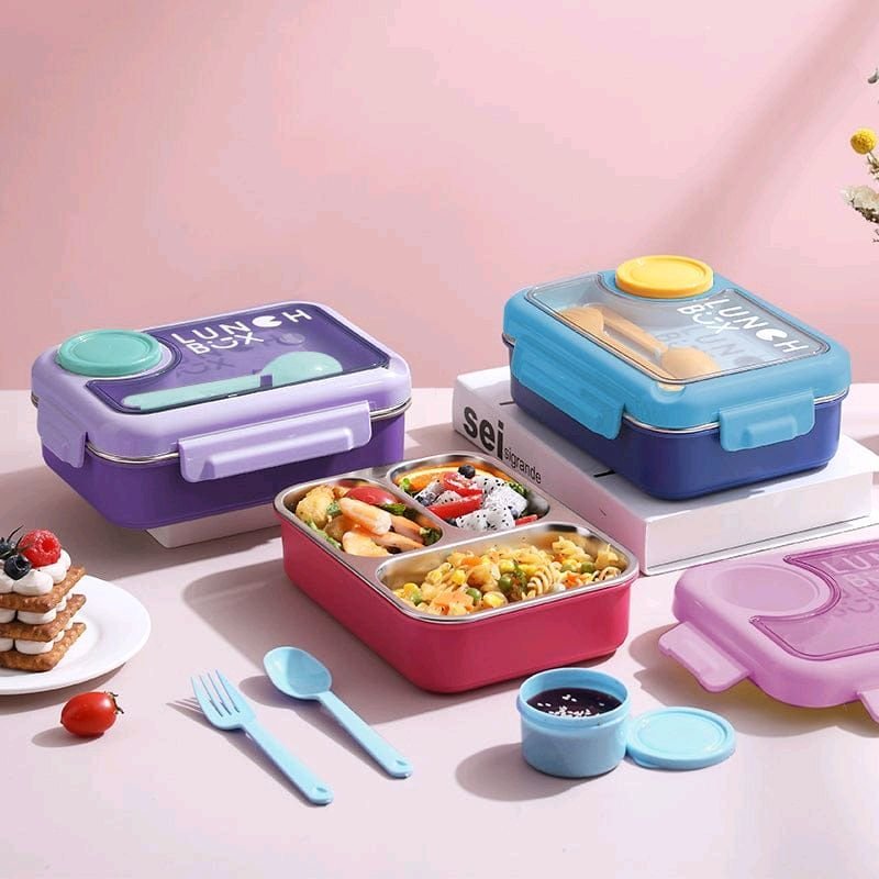 SKU-4526_3-1728111620242.jpg Leakproof Bento Box, Detachable Stainless Steel Tray for Warm Water Insulation 3 Containers Lunch Box  (750 ml) - Image 15