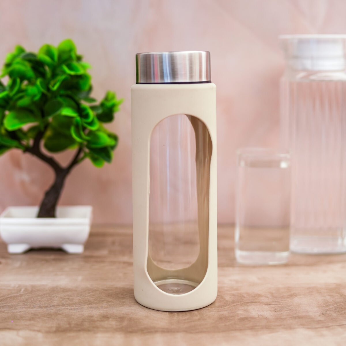 Glass Water Bottle with Fruit Infuser Window, Stainless Steel Lid, 750ml Aqua Bliss with Silicon Sleeve - Image 1