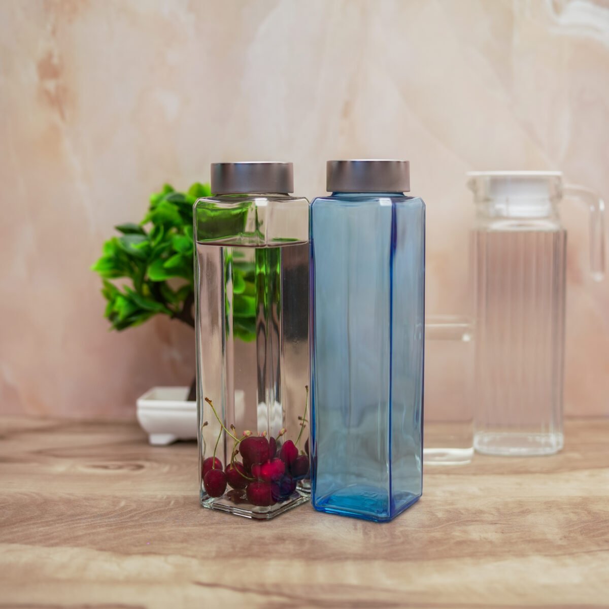 Glass Water Bottle with Stainless Steel Lid and Square Fridge bottles set - Perfect for Home, Travel, Juicing, Water, Smoothie - Reusable Glass Drinking Fridge Bottles - Image 1