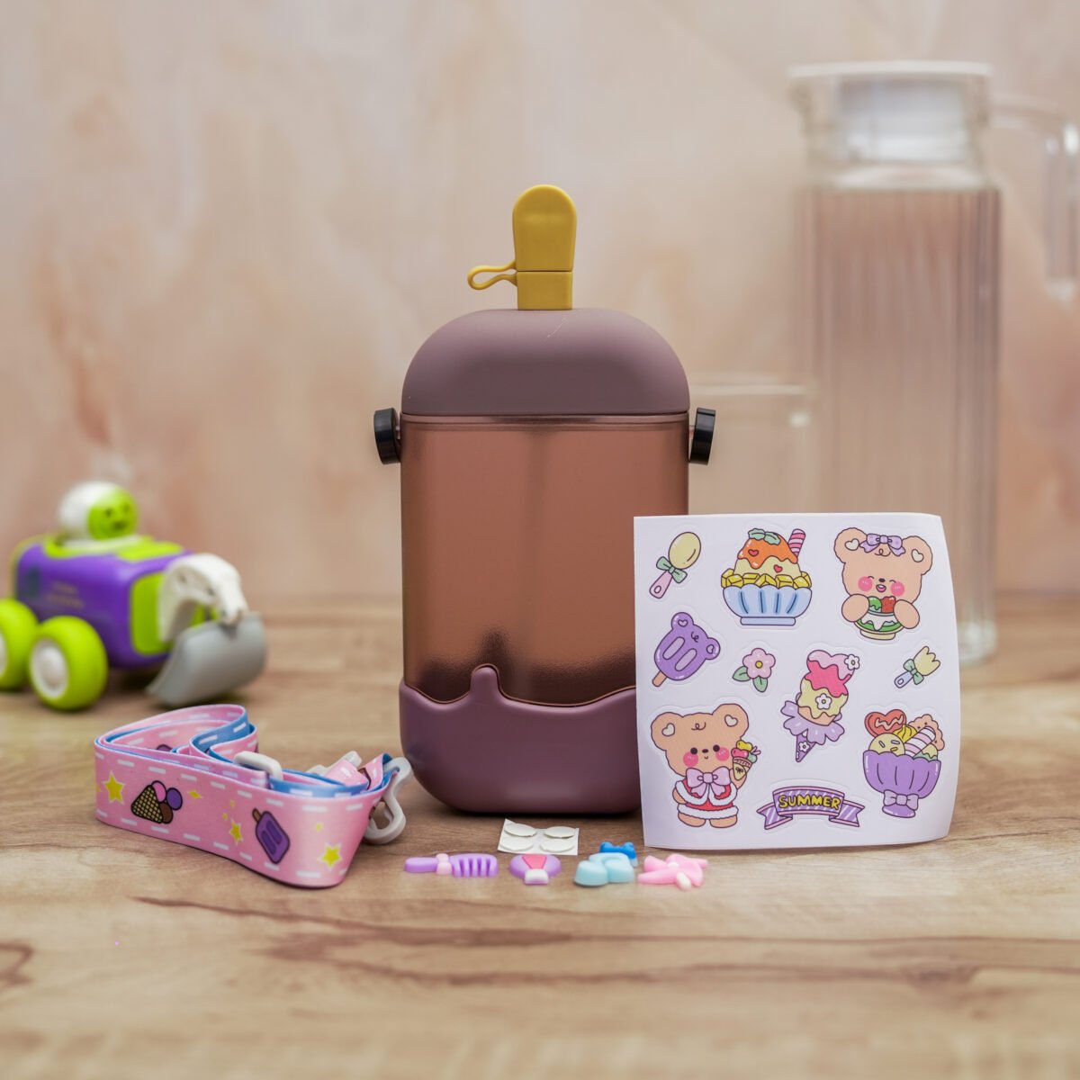 Cute Ice Cream Water Bottles with Straw, Kawaii Popsicle Water Bottle with Adjustable Shoulder Strap and Stickers, Popsicle Cup for School Girls and Boys, - Image 1