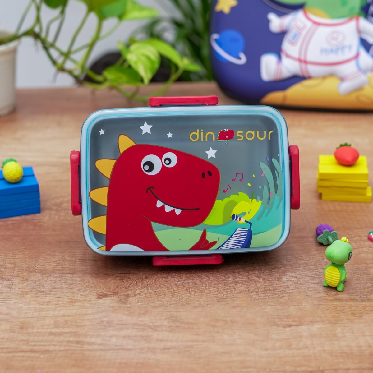 Red Dino Cute Kids Stainless Steel Lunch Box – Leakproof & Durable - Image 1